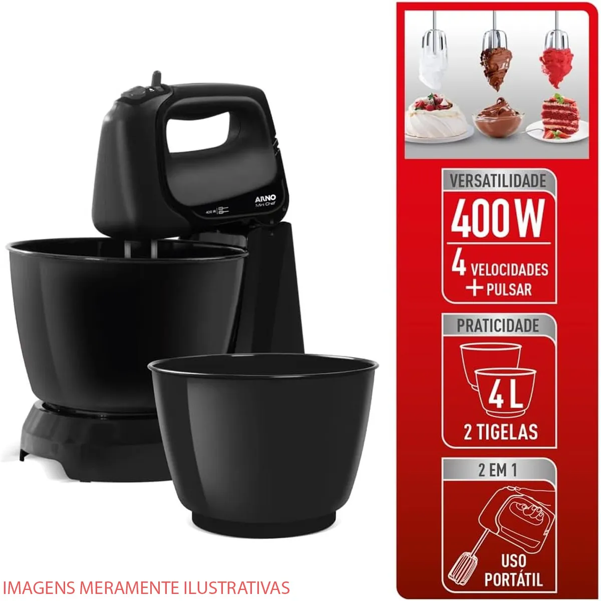 Batedeira Portátil Arno Mini Chef HM10 400W com 2 Tigelas